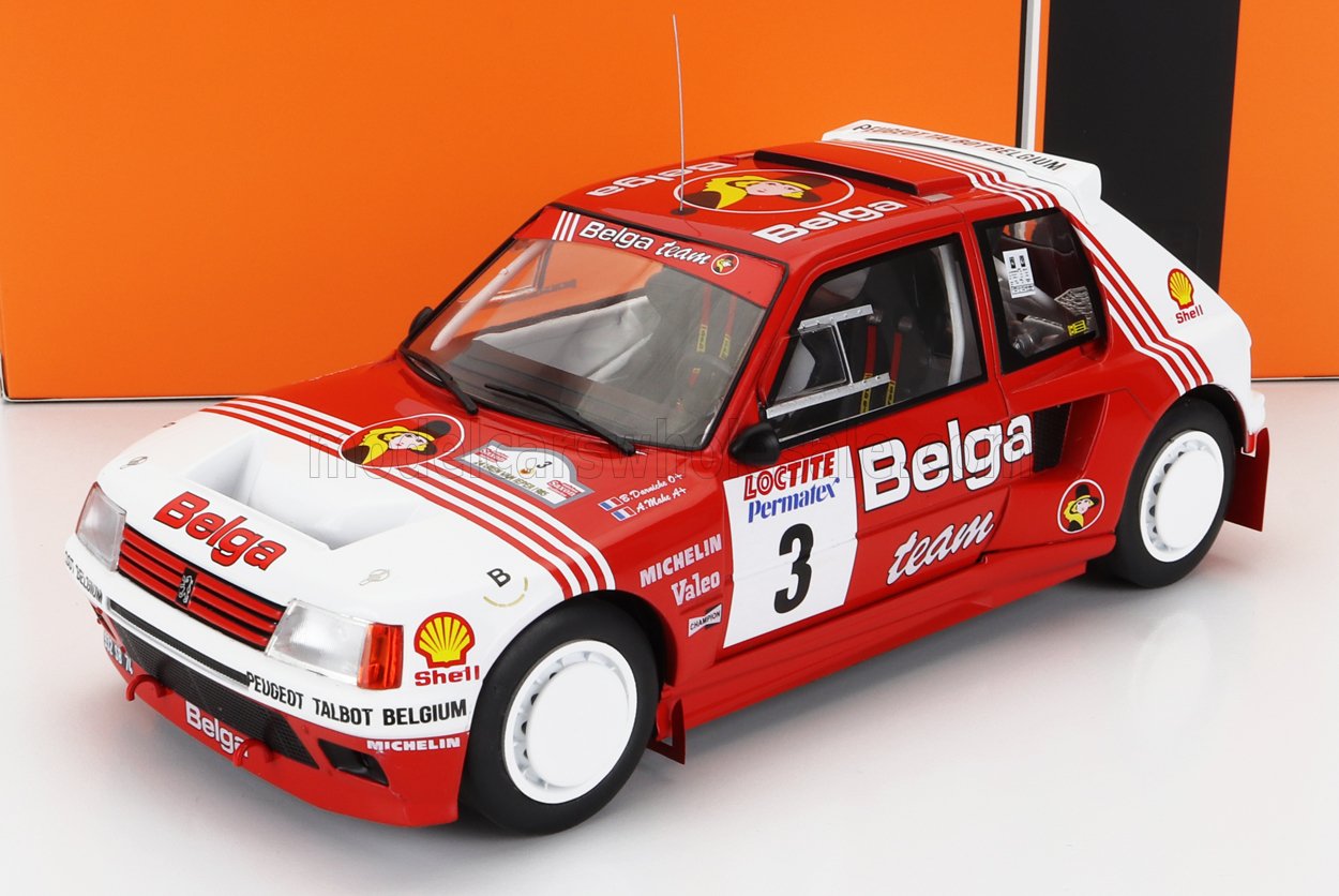 IXO 1:18 - PEUGEOT - 205 T16 Gr.B BELGA N 3 RALLY YPRES 1985 B.DARNICHE - A.MAHE - RED WHITE