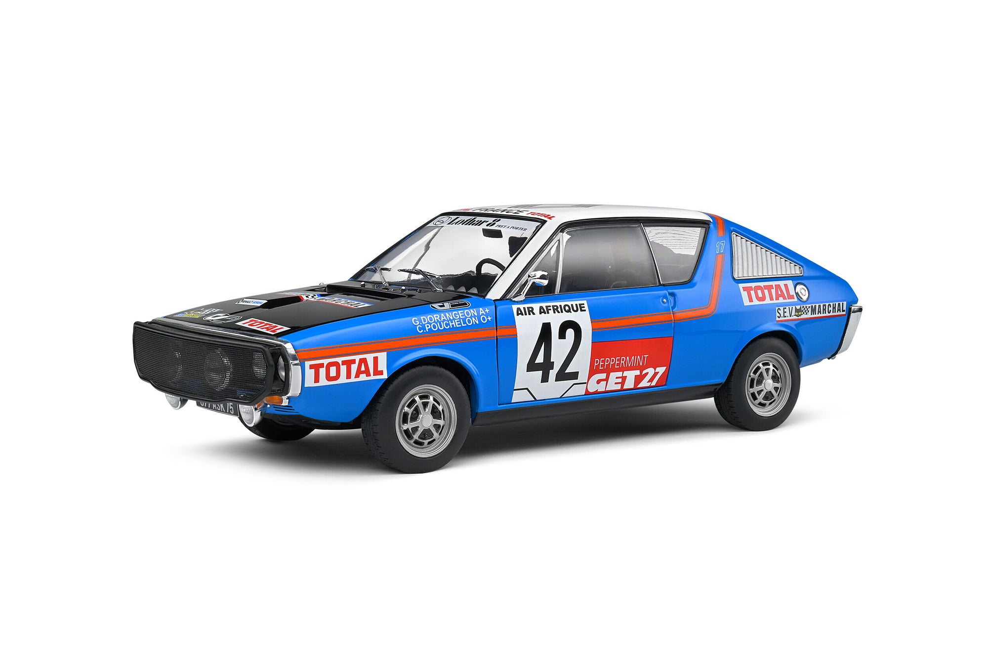 Solido 1:18 Renault 17 – Rallye Abidjan Nice – 1976 – #42 Pouchelon / Dorangeon